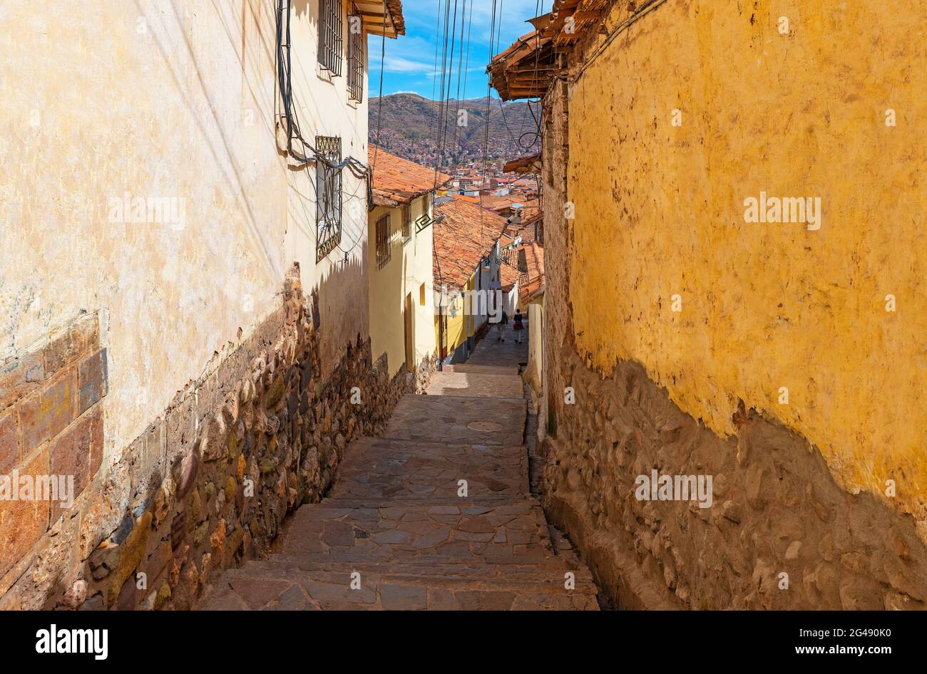 Cusco city street with colonial style architecture, San Blas, Peru. Stock Photo