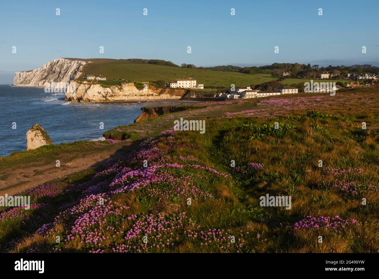 England, Isle of Wight, Tennyson Down, Cliff Top View Looking Towards Freshwater Bay Stock Photo