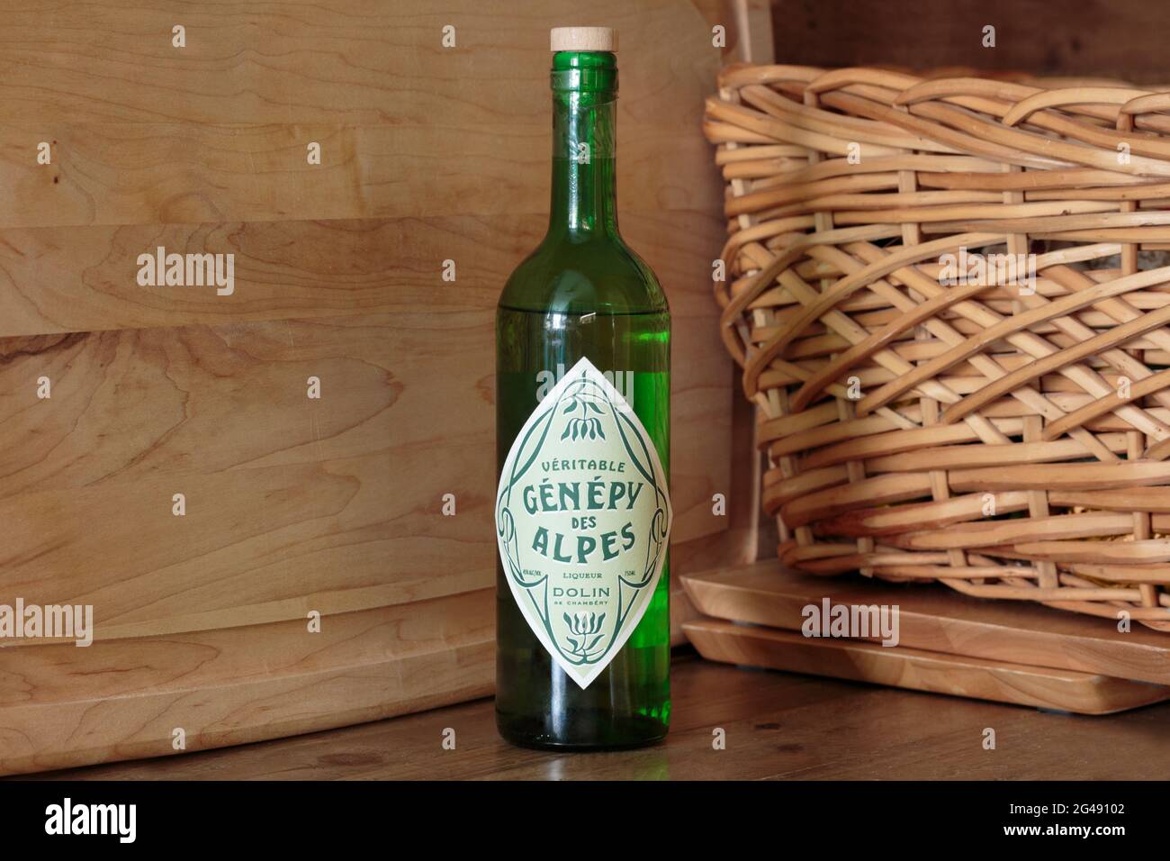 bottle of Dolin Genepy des Alpes, an herbal alpine liquer, an aperitif or digestif or used in cocktails, made from the genepi herb of the Artemisia ge Stock Photo