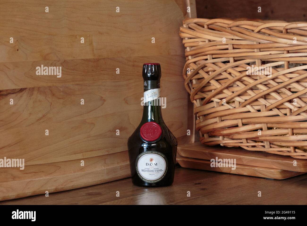 bottle of DOM Benedictine liquer, an ancestral French liquer, spirit, cognac, brandy Stock Photo