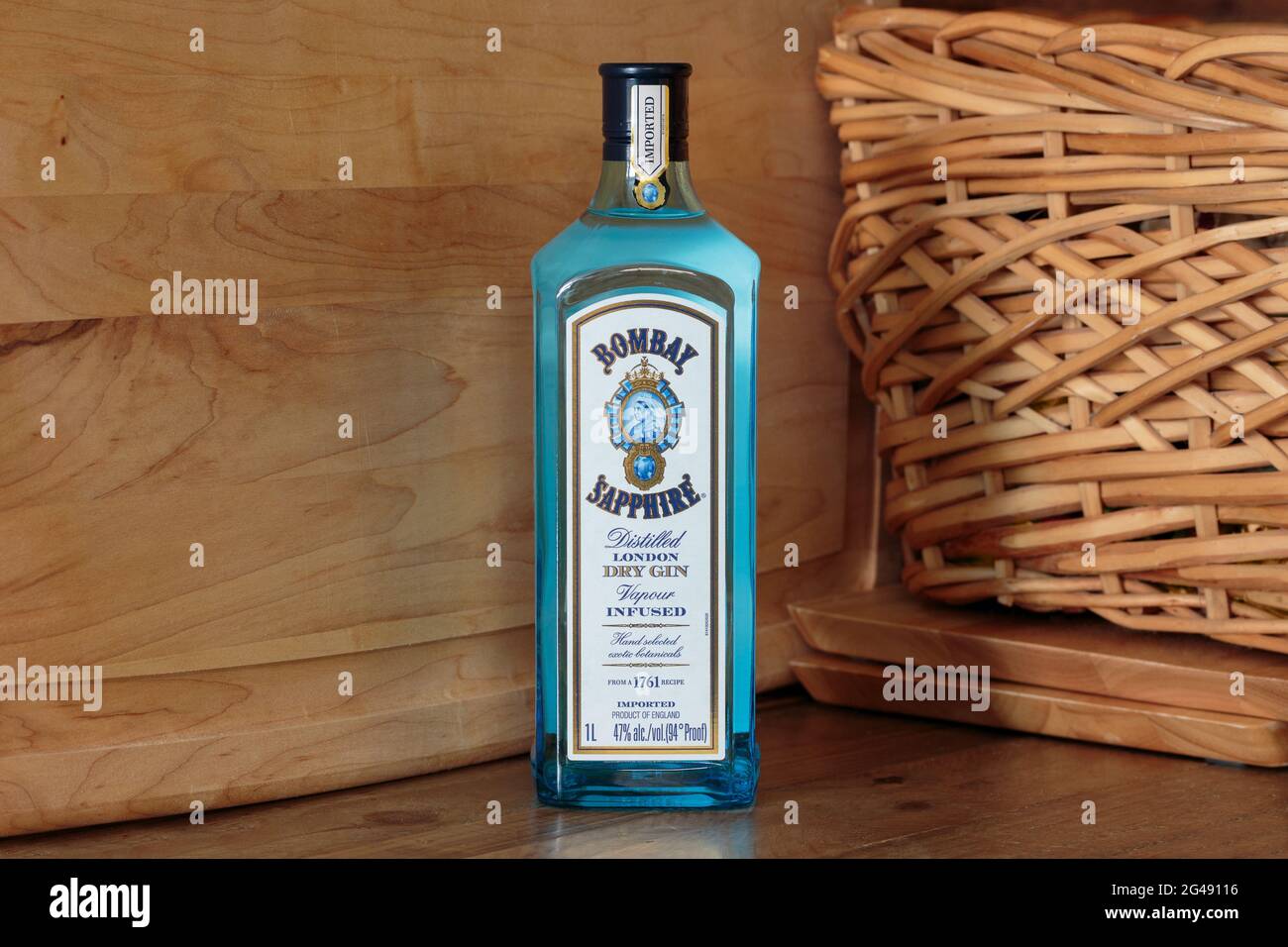 bottle of Bombay Sapphire distilled london dry gin, and English vapour infused gin Stock Photo