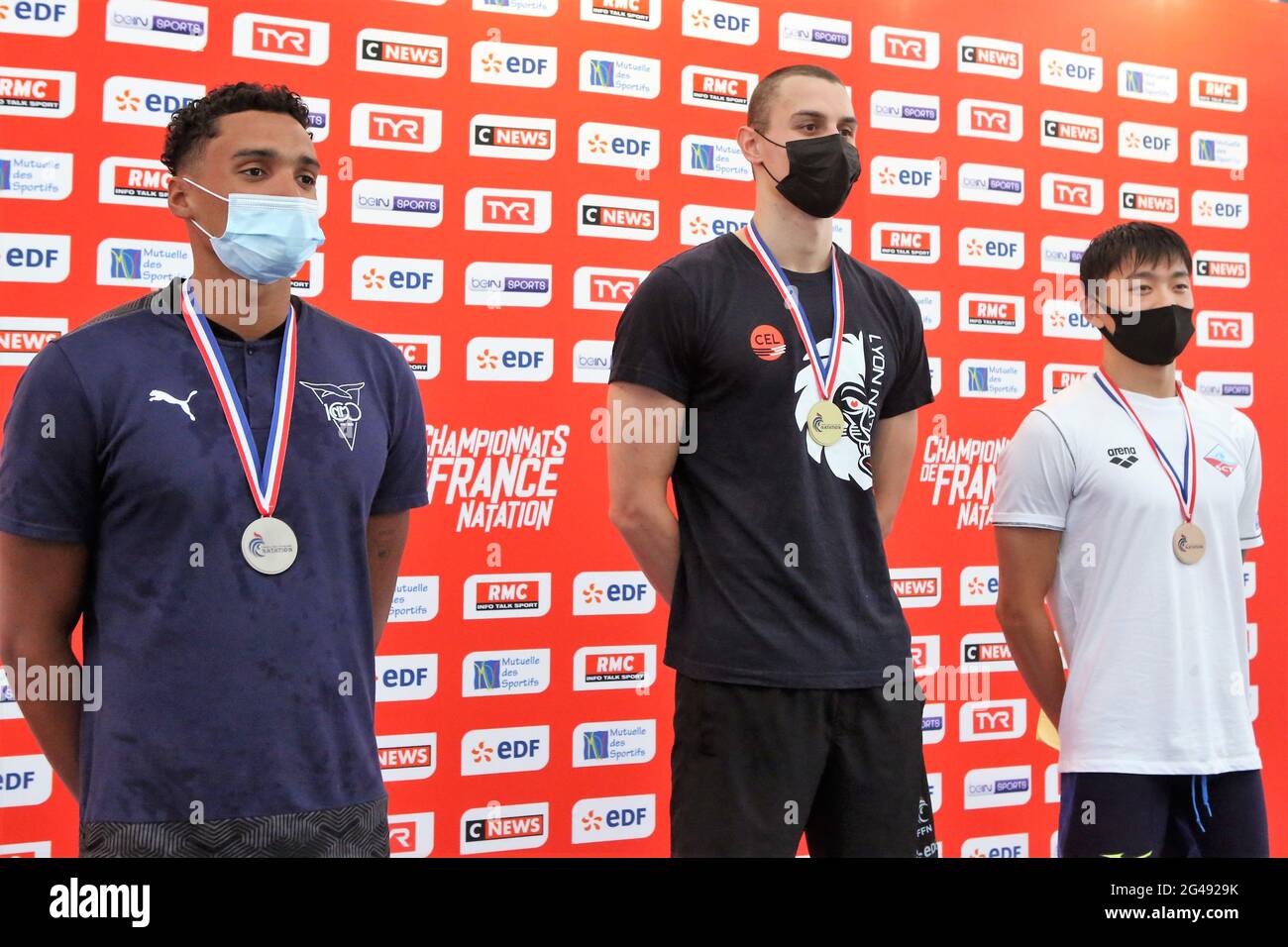 Julien Berol of CN Marseille ,Thomas Piron of Lyon Natation Metropole and Yanis Dutel  of SC Thionville Podium 50 m Butterfly   during the 2021 Swimming French championships Elite on June 19, 2021 at complexe de l'Odyssée in Chartres, France - Photo Laurent Lairys / ABACAPRESS.COM Stock Photo