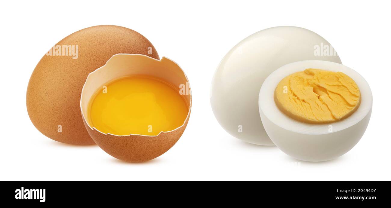Raw and boiled chicken eggs isolated on white background Stock Photo