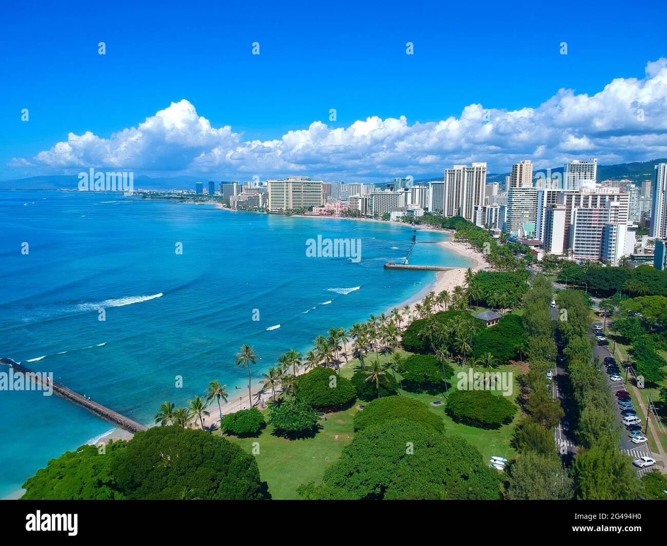 Drone aerial panoramic view of Waikiki Beach Honolulu Hawaii USA