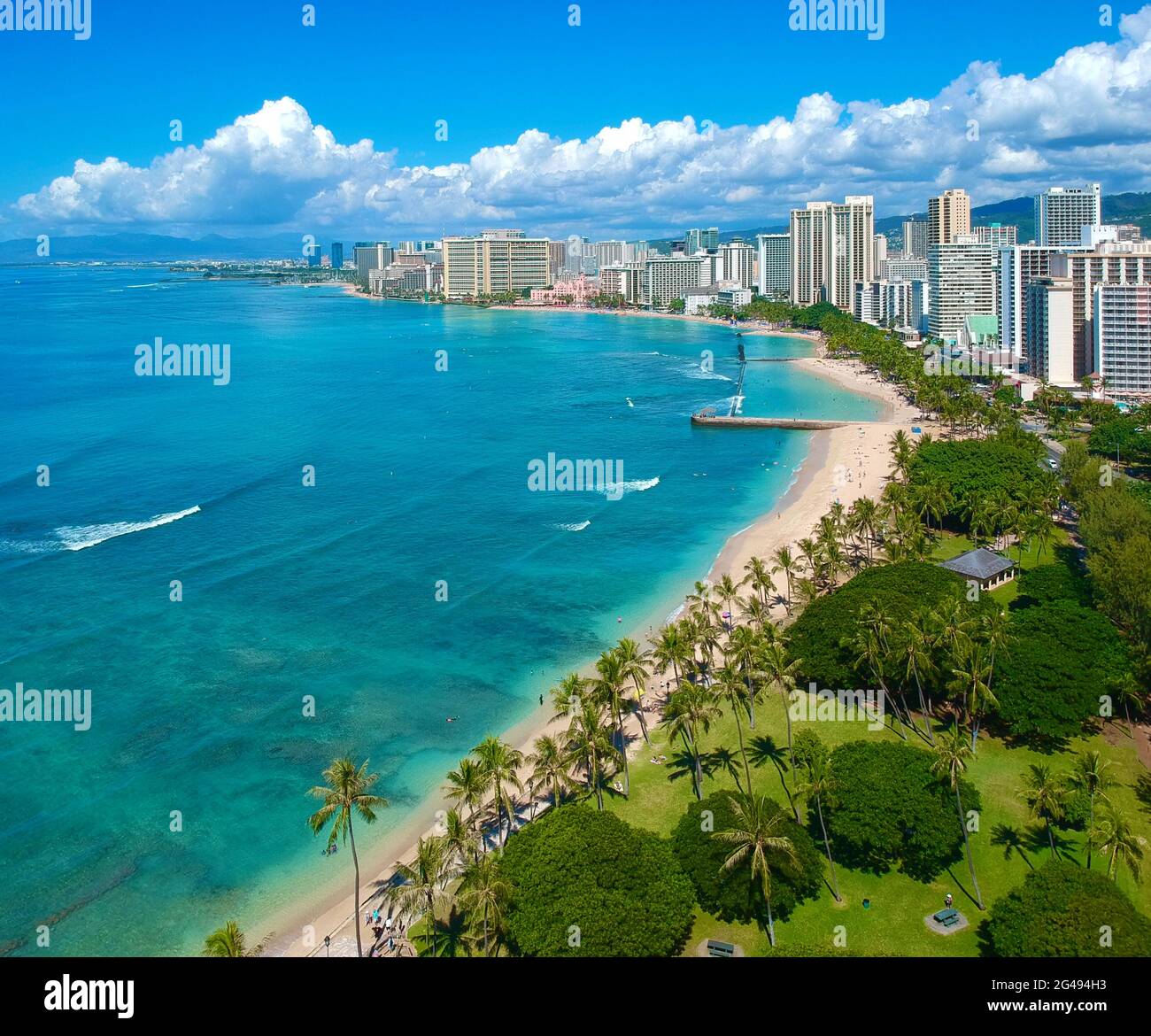 Drone aerial panoramic view of Waikiki Beach Honolulu Hawaii USA ...