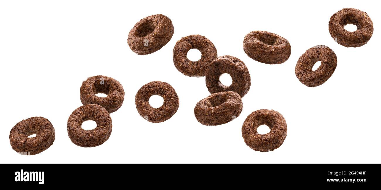 Falling chocolate corn rings isolated on white background Stock Photo