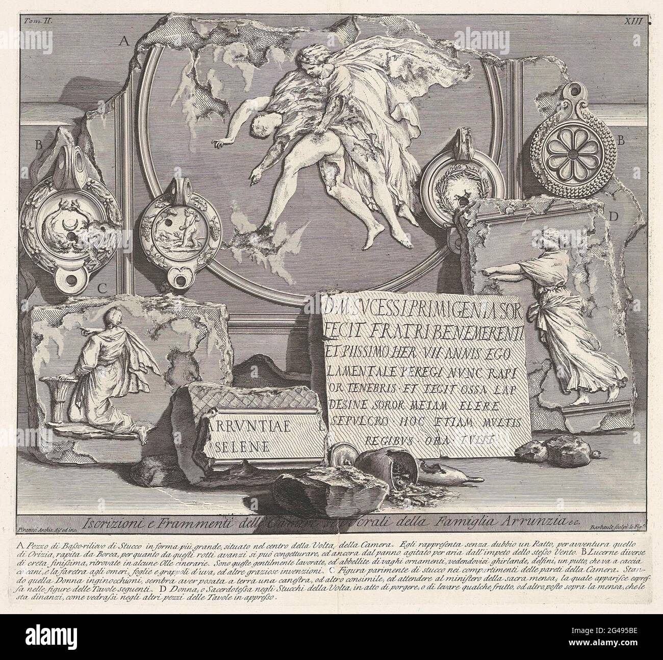 Inscriptions and fragments from tomb of the Arruntius family; Iscrizioni E Framenti delle Camere Sepolcrali della Famiglia Arrunzia EC.; Archaeological finds in and around Rome; Le Antichità Romane. Different inscriptions in marble, carved fragments and oil lamps from the Graftombe of the Arruntius family. Title and explanatory list of letters in undermarge. Numbered above: Tom. II. / XIII. Stock Photo