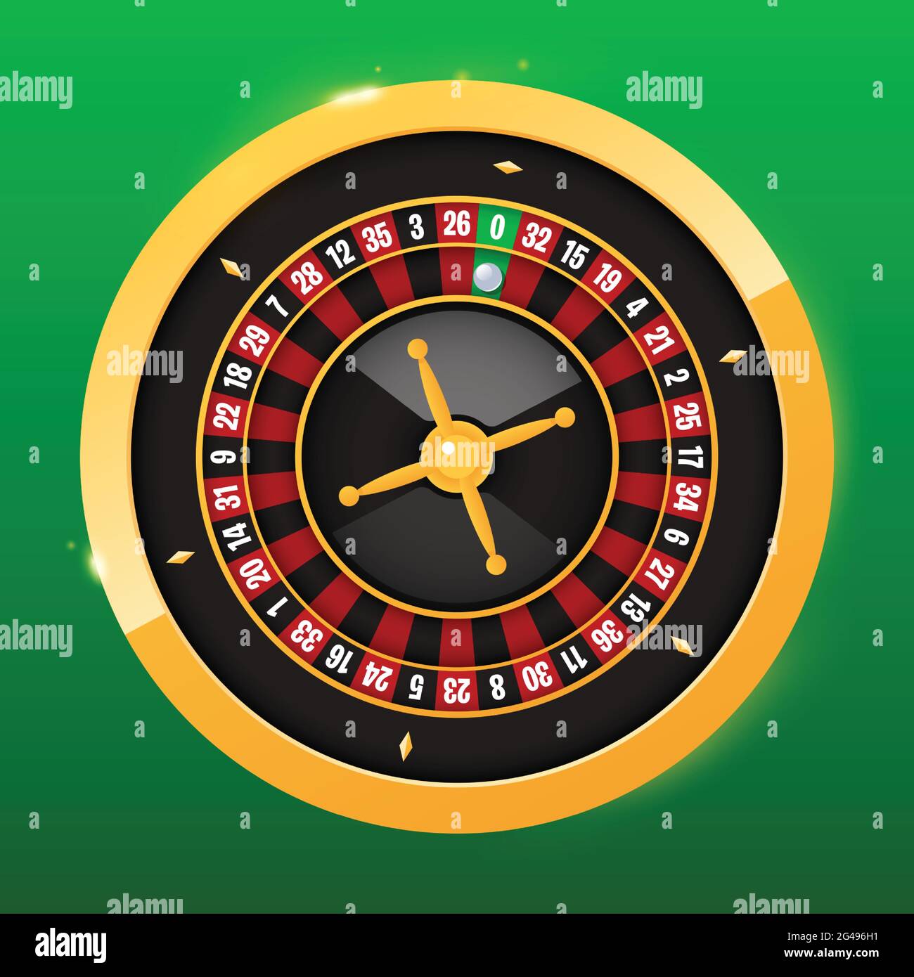 Realistic casino gambling roulette wheel on green background. Vector play chance luck roulette wheel illustration Stock Vector