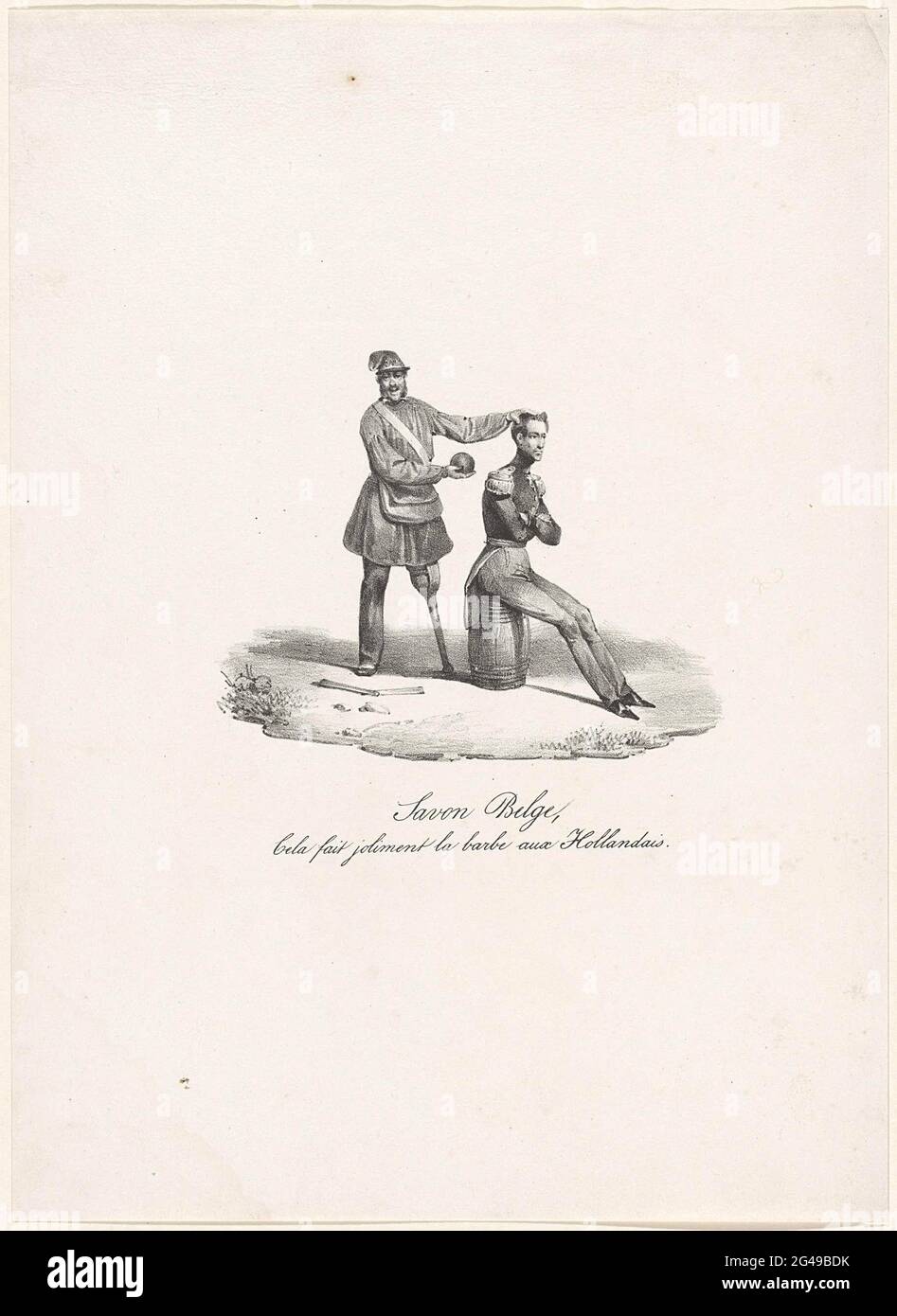 Belgian soap, 1830; Savon Belge, Cela Fait Joliment La Barbe Aux Hollandais. Cartoon on Prince Frederik shaved by the Barbier Jambe de Bois, 1830. The prince is sitting on a ton, behind him the cheerful Belgian insurgent as a barber with a gun bullet as a soap. Stock Photo