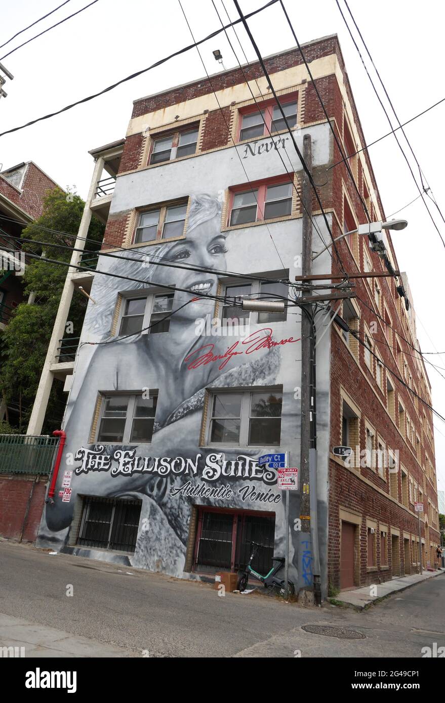 Venice, California, USA 18th June 2021 A general view of atmosphere of  Marilyn Monroe Mural at The Ellison Suites where Jim Morrison and The Doors  lived at 15 Paloma Avenue in Venice,