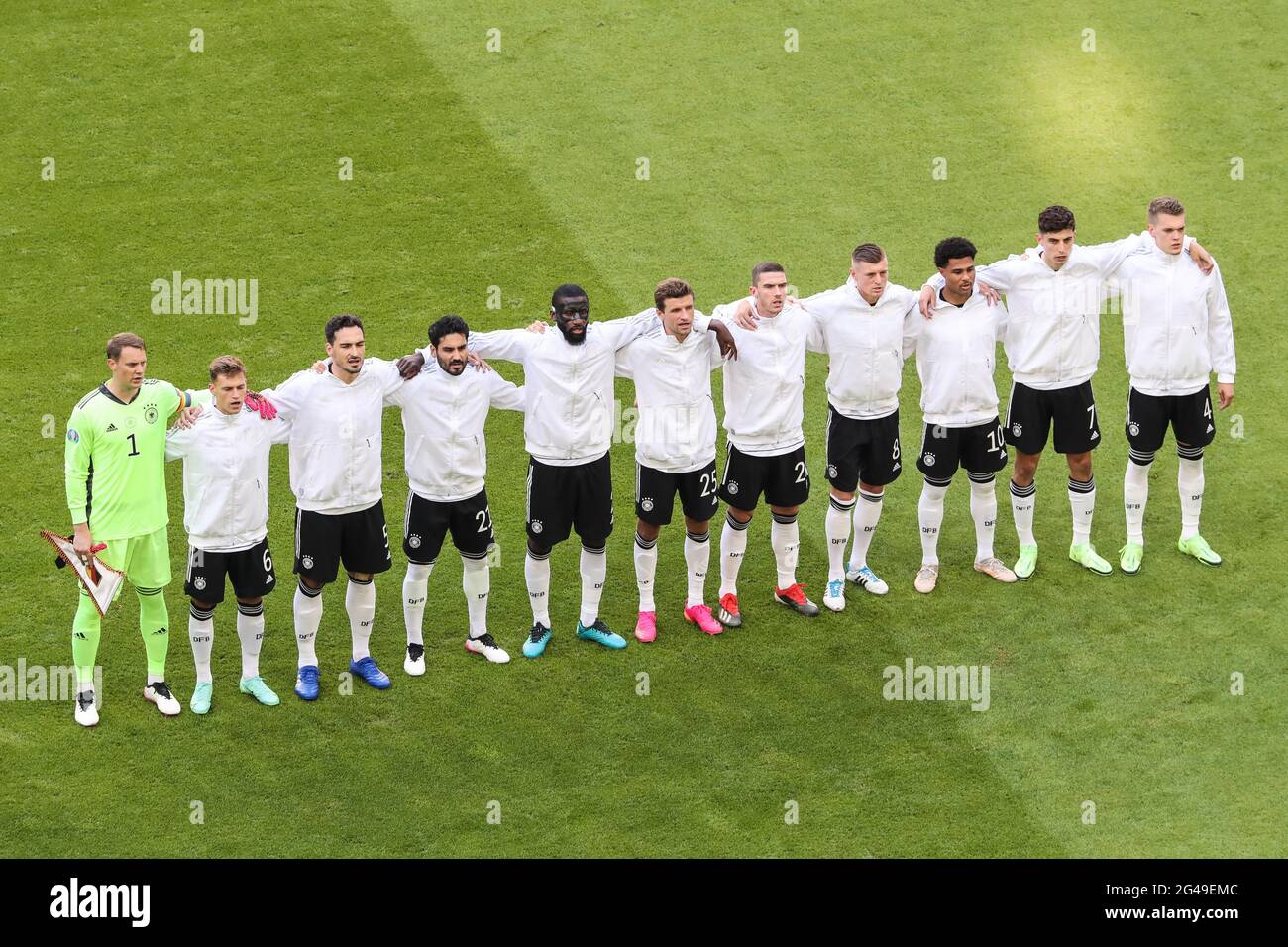 Munich, Germany. 19th June, 2021. Players of Germany line up during the national anthem ceremony prior to the UEFA Euro 2020 Championship Group F match between Portugal and Germany in Munich, Germany, June 19, 2021. Credit: Shan Yuqi/Xinhua/Alamy Live News Stock Photo