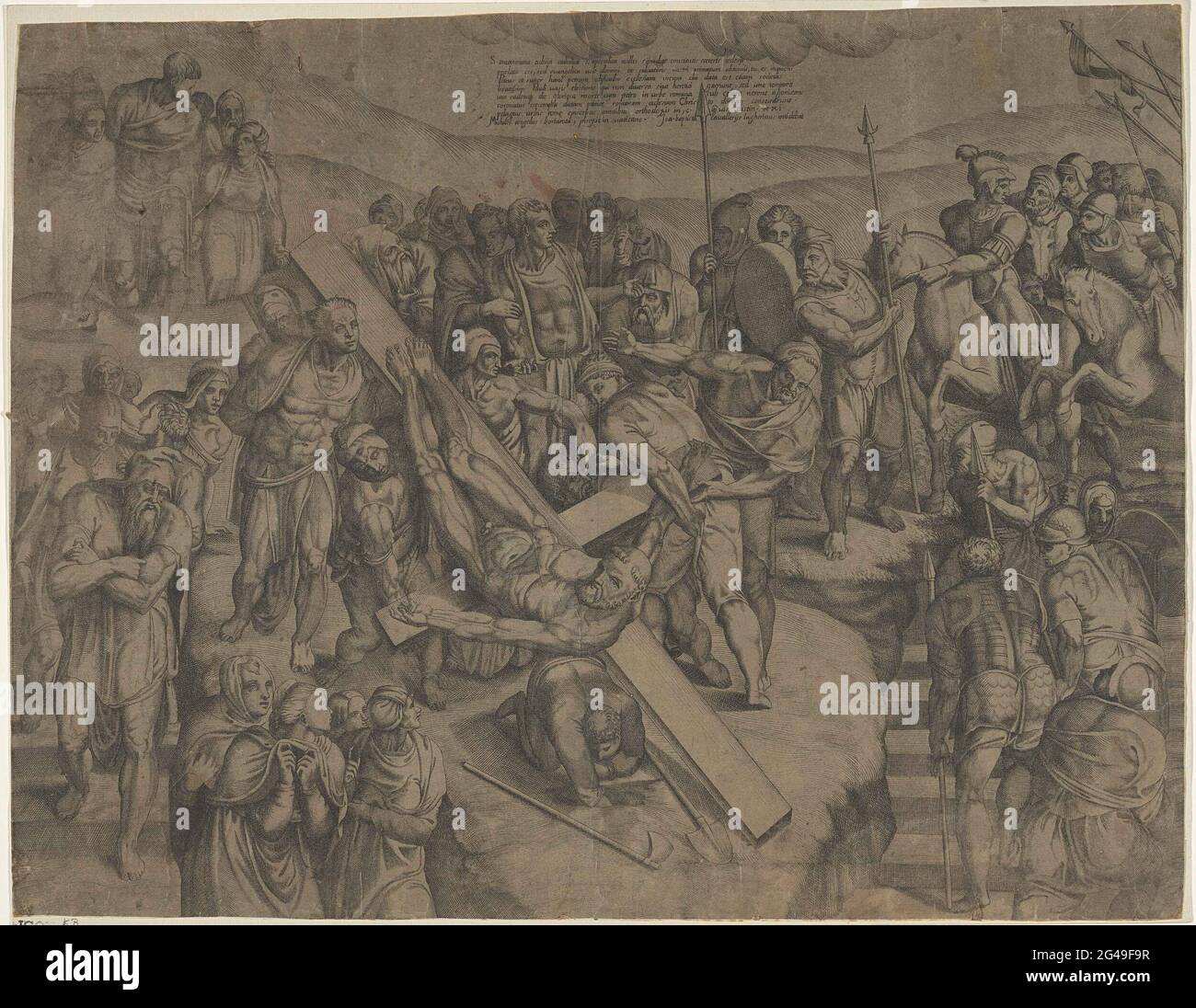 Crucifixion of Petrus. Petrus is nailed to a cross upside down. A group