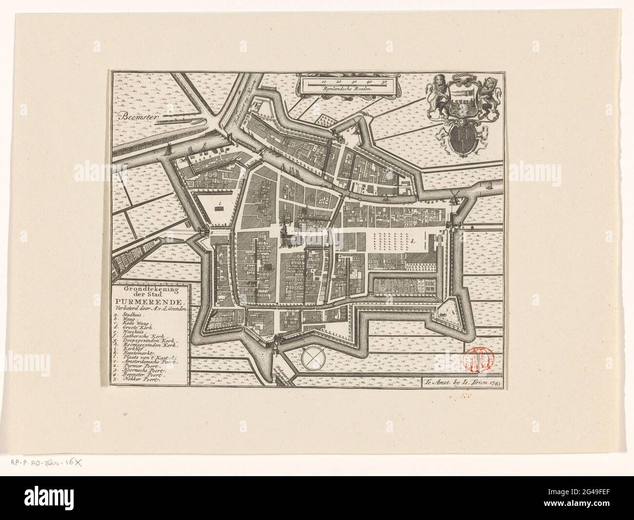 Map of Purmerend; Ground drawing of the city Purmering. Floor plan in At the bottom left of the title the legend. At the top the a crankcase: Rynland