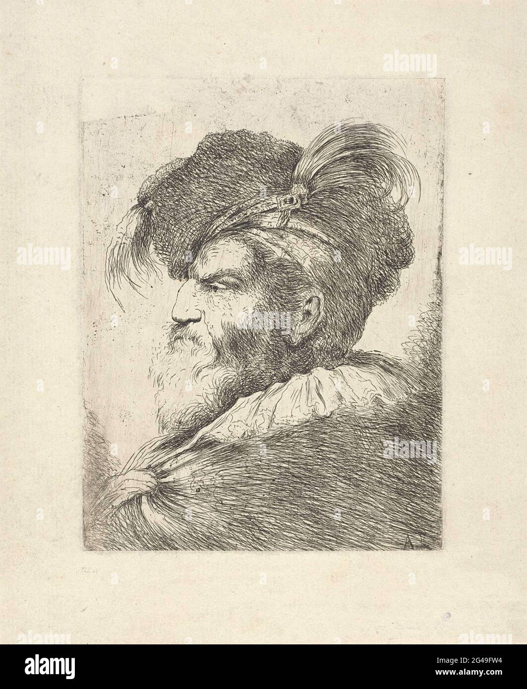 Man with feathered beret. Portrait of a man with a beard and a ...