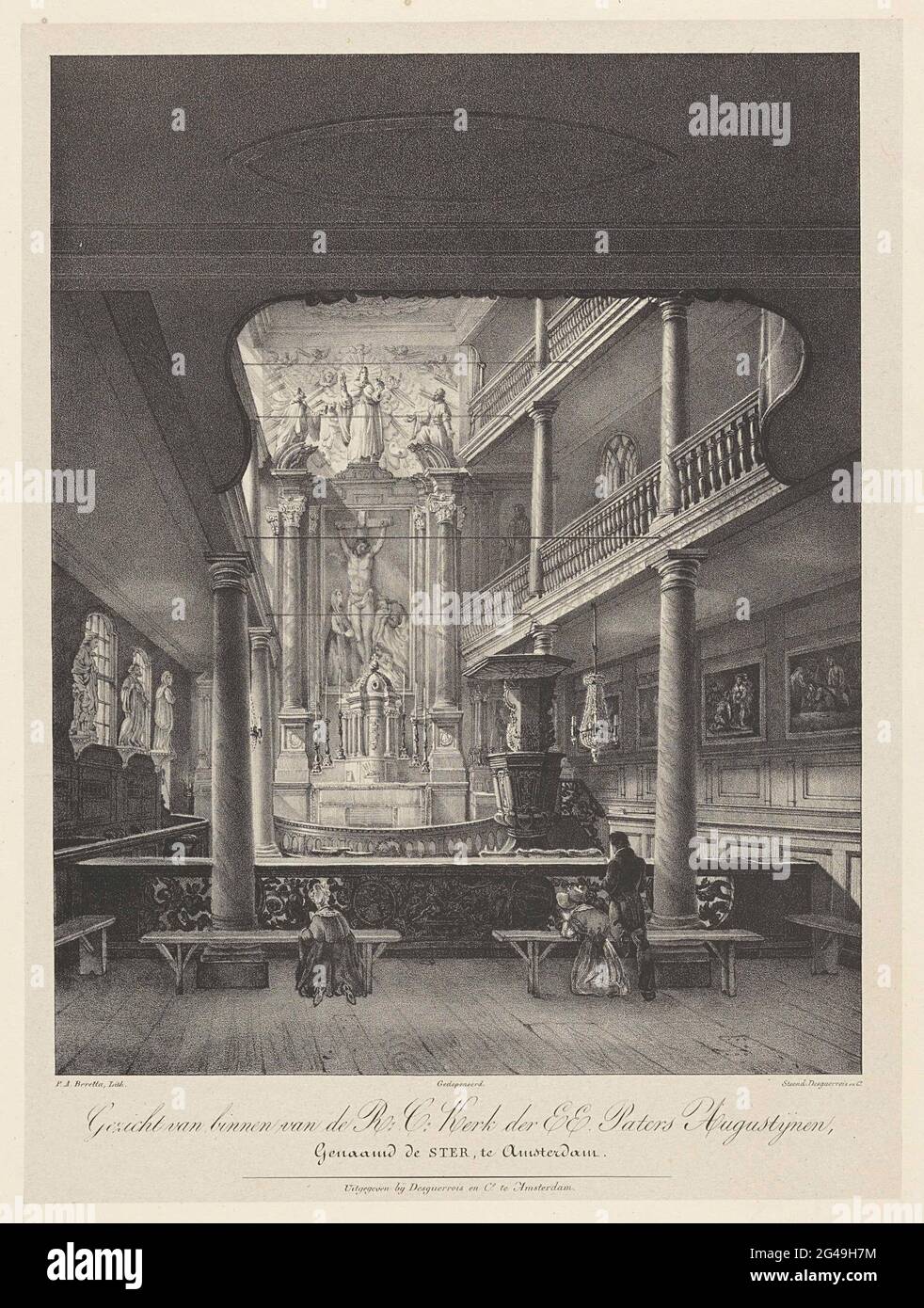 Augustijnenkerk "De Ster" in In the interior of the church, three figures are kneeling their face to the altar. The two women and the man are seen on the back.