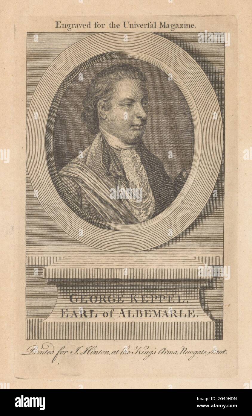 Portrait of George Keppel, Count of Albemarle. Portrait of George Keppel in an oval picture frame. His name and title in a framework. Stock Photo