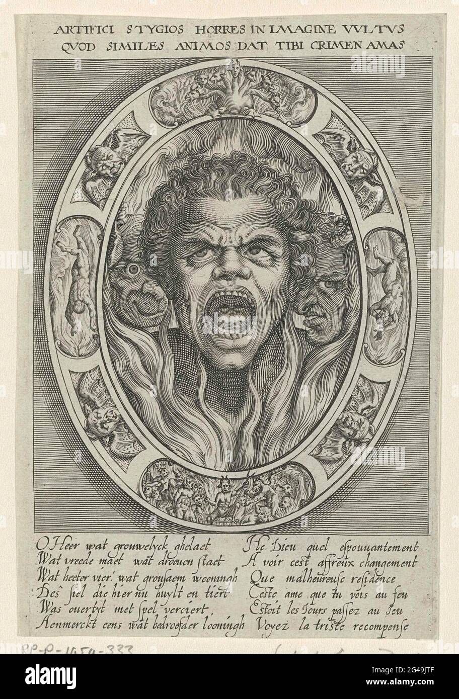 Screaming man in hellevouruan. A face of a man with open mouth in the hell  fire. In addition to him two devils. In the ornamental edge of the  cartouche devils, bats and, image size:912x1390