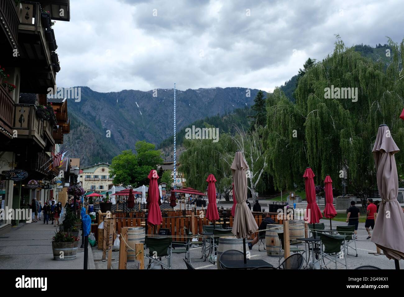 Scene in Leavenworth, Washington, a town built in the style of a Bavarian Village Stock Photo