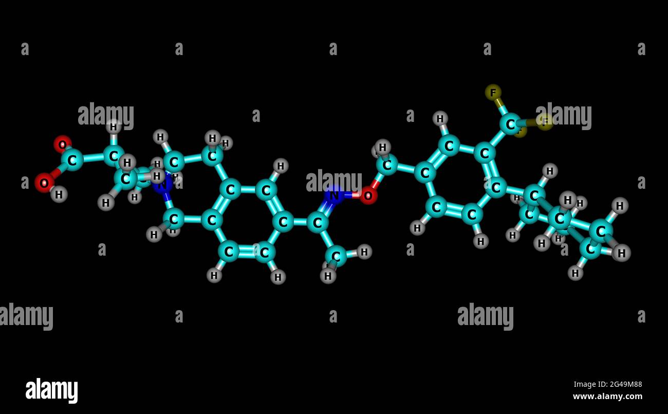 Siponimod is a selective sphingosine-1-phosphate receptor modulator for oral use that is used for multiple sclerosis. 3d illustration Stock Photo