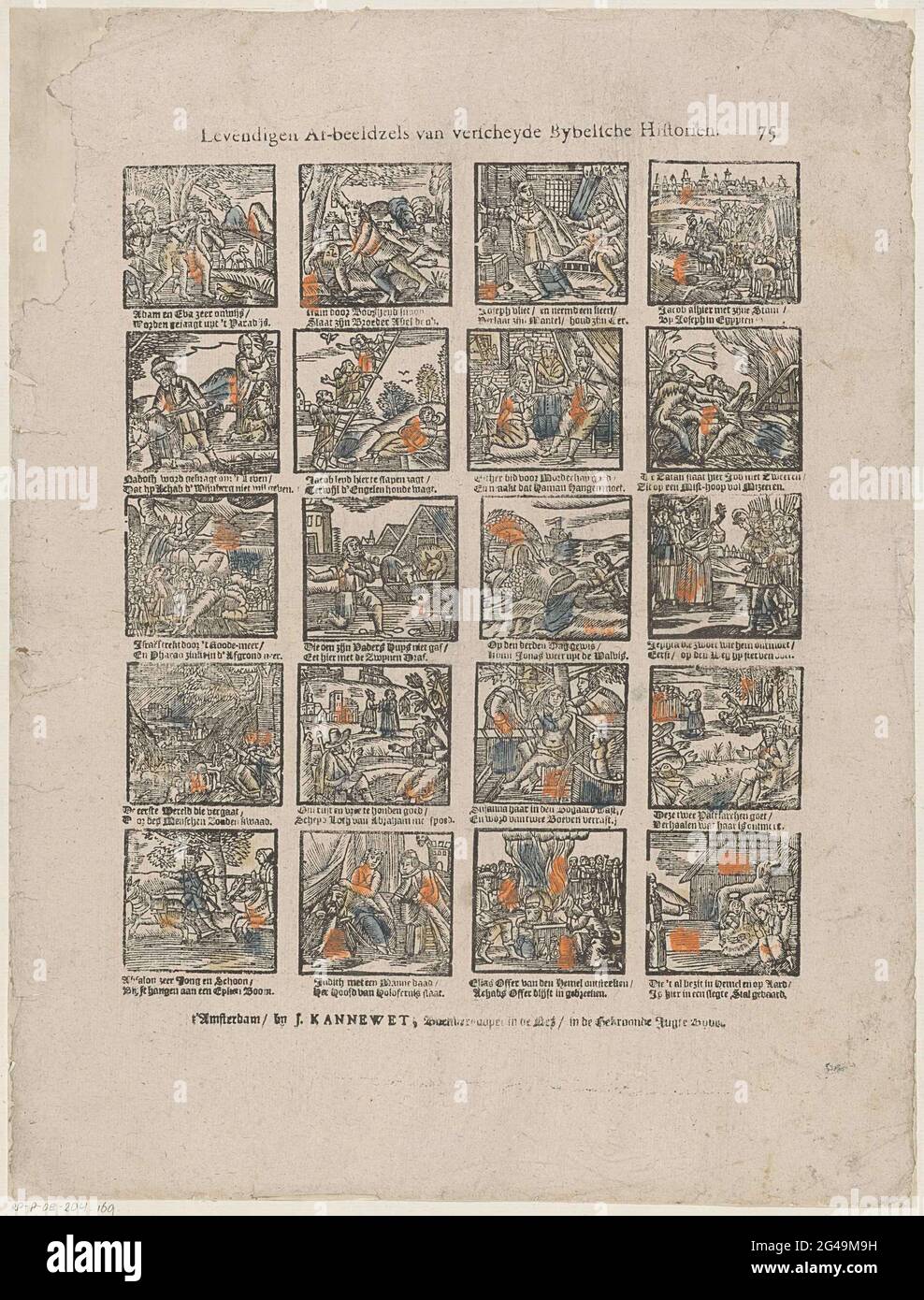 Lifive Afscels from Gifted Bybelsche Historien. Sheet with 20 representations of stories from the Old Testament, including Adam and Eve that are expelled from paradise and Jonah thrown in dryness. Under each image a two-legged fresh. Numbered at the top right: 75. Stock Photo