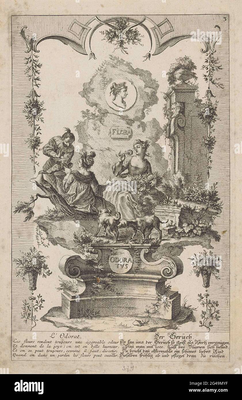 The smell; Odoratus / l'Odorat / der Gerüch; The senses. Allegorical performance with regard to smelling. In the lower margin twice a four-line French and German text. Stock Photo