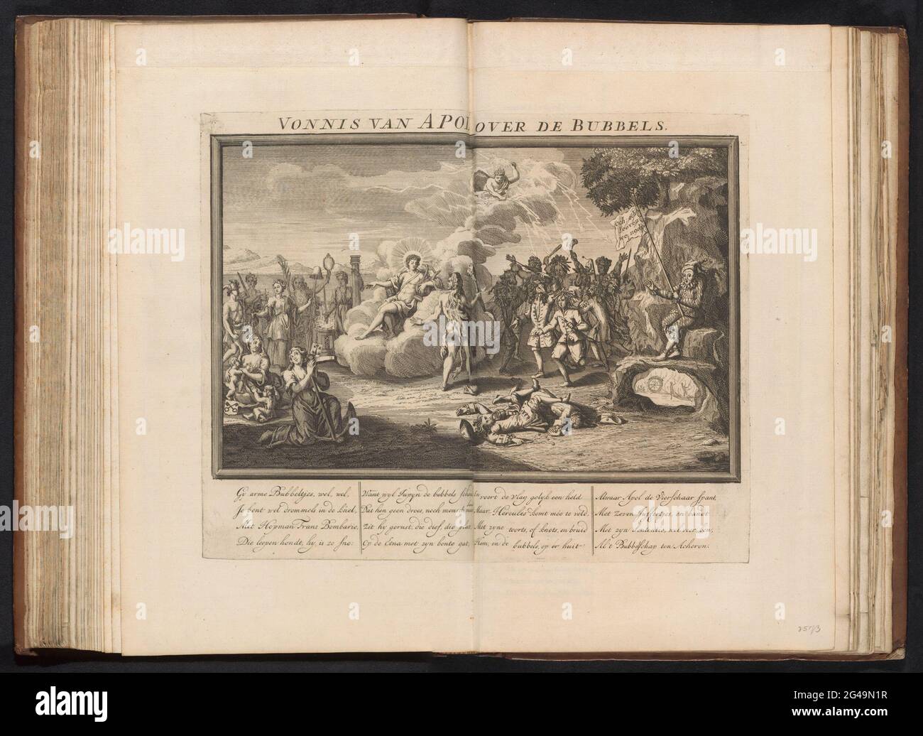 Apollo judges about the promotionists, 1720; Apol judgment over the bubbles; The great scene of foolishness. Apollo judges a group of desperate promoters, in the middle Hercules with patt, right is the Harlequin Bombario with banner. Left city tongs like the muses. With caption in four columns. Print in the bound first edition (304 B 11) from the great scene of foolishness with cartriders on the wind trade or action trade of 1720. Stock Photo