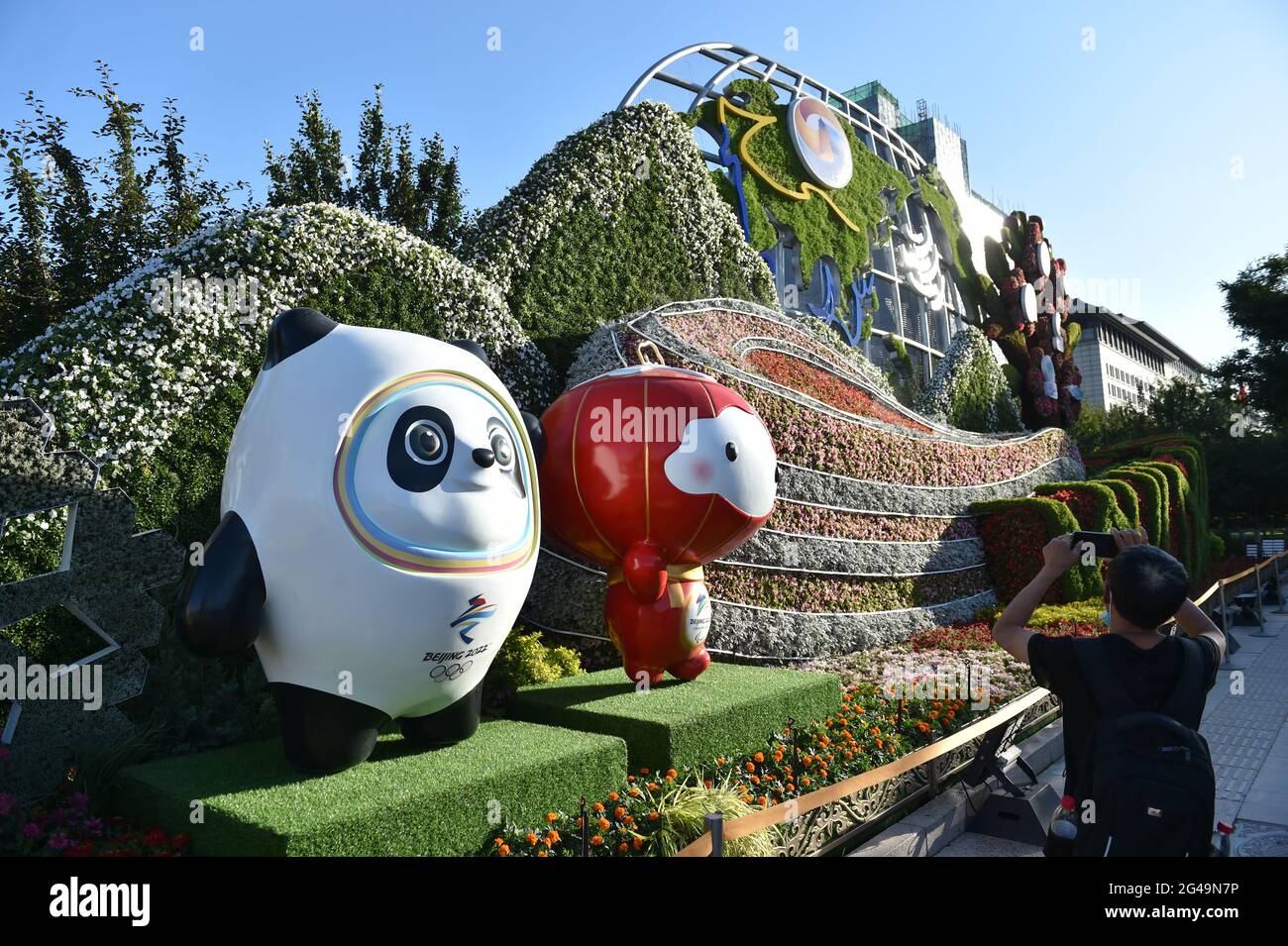 Beijing, China. 19th June, 2021. A man takes photos of flower decorations set up along Chang'an Avenue in Beijing, capital of China, June 19, 2021. Credit: Chen Zhonghao/Xinhua/Alamy Live News Stock Photo