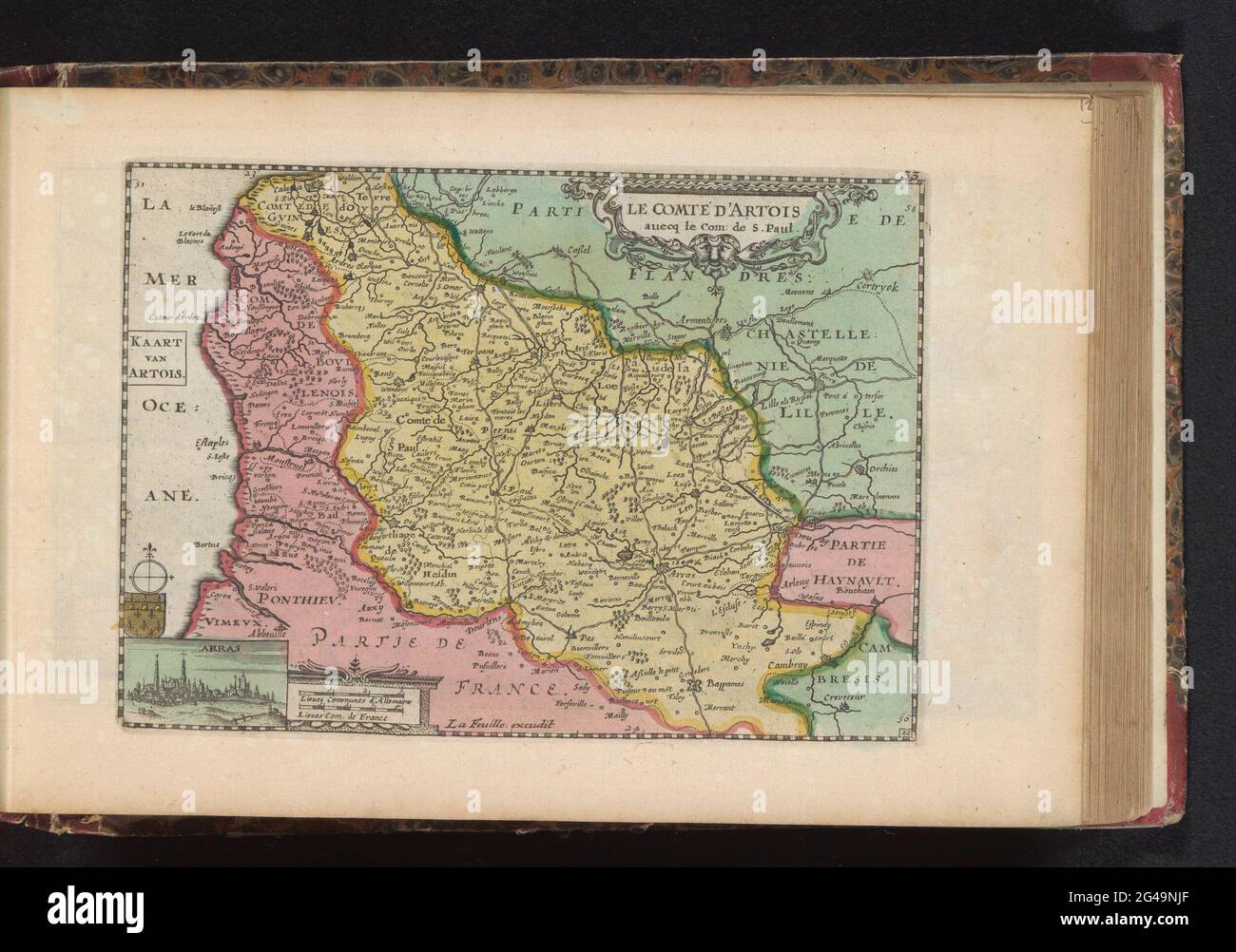 Artesia map; Le Comté d'Artois / Artois map. Map of De Graafschap Artesia, bottom left a small face on Arras. Part of an Atlas with 223 maps of countries and cities and war scaffolding in Europe in the period approx. 1690-1735. Stock Photo