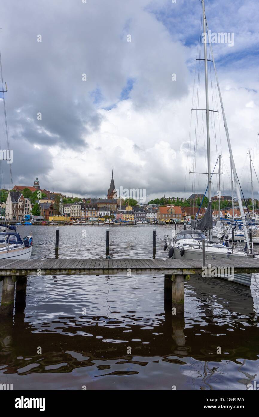Vertical view of the yacht harbor and marina in the German town of