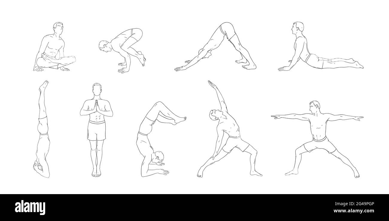 Yoga asana set. Set of men exercising yoga illustrations. Hand drawn ...