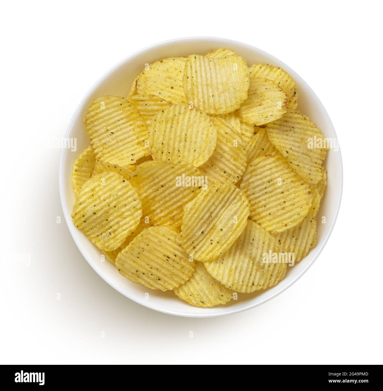 Ridged potato chips with sour cream and green onion flavor, top view Stock Photo