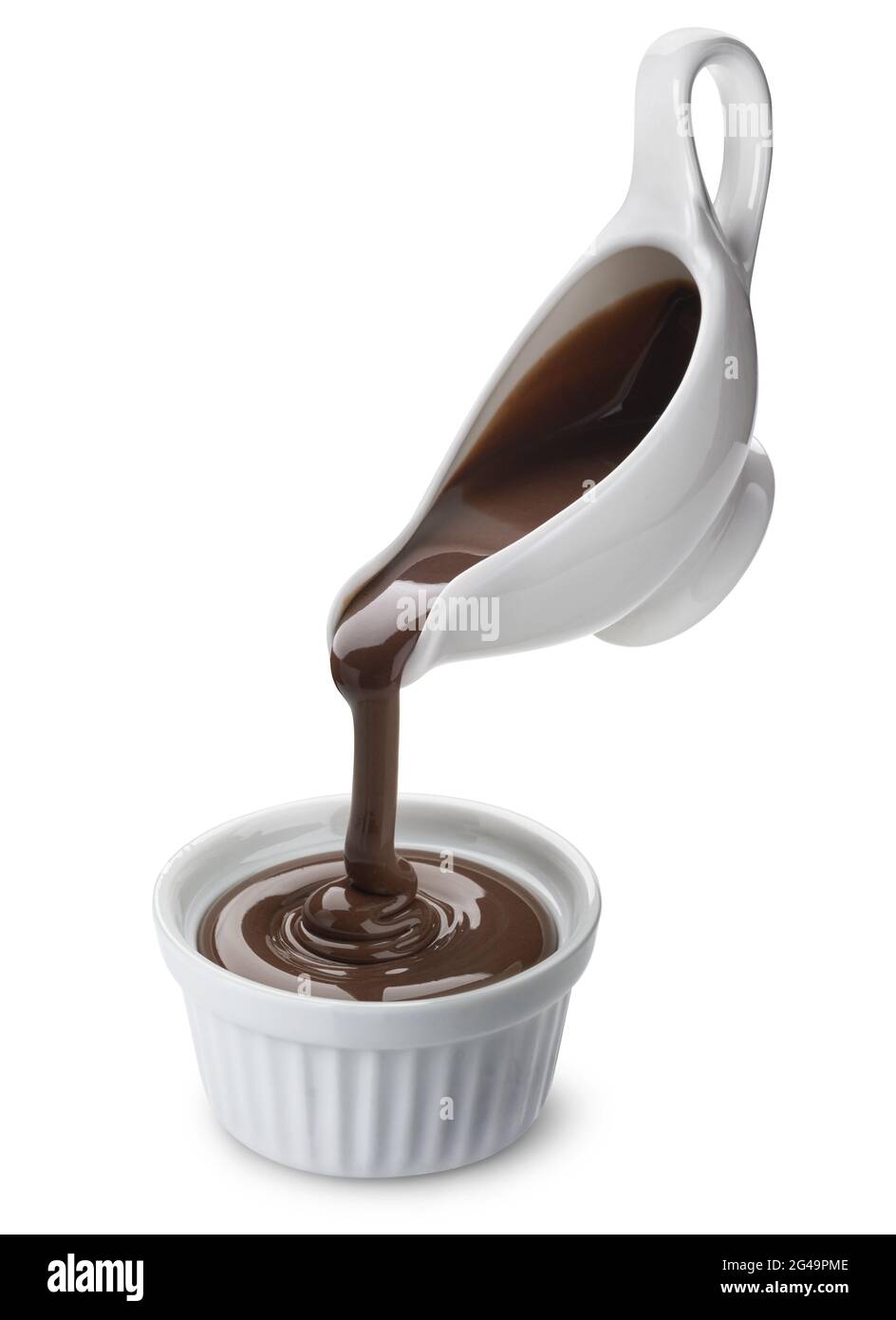 Pouring melted chocolate isolated on white background Stock Photo