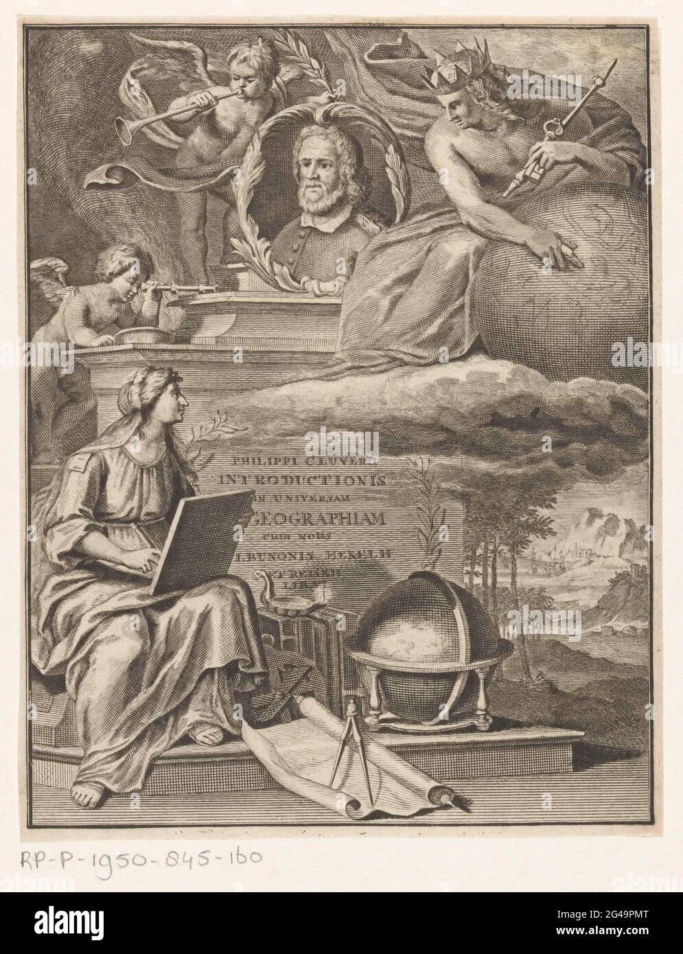 Portrait of Philipp Club and writing woman; Title page for: Philipp Clüver, Introductionis in Universam Geographiam, S.A .. Portrait of Philipp Clover, the founder of historical geography, in oval on a pedestal with title of the book. Putti with bazuin and binoculars and a crowned young man with scepter, key and globe with animals flank. Before that, a writing allegoric female figure, at her feet a globe, a passer, a scroll, an oil lamp and books. Stock Photo