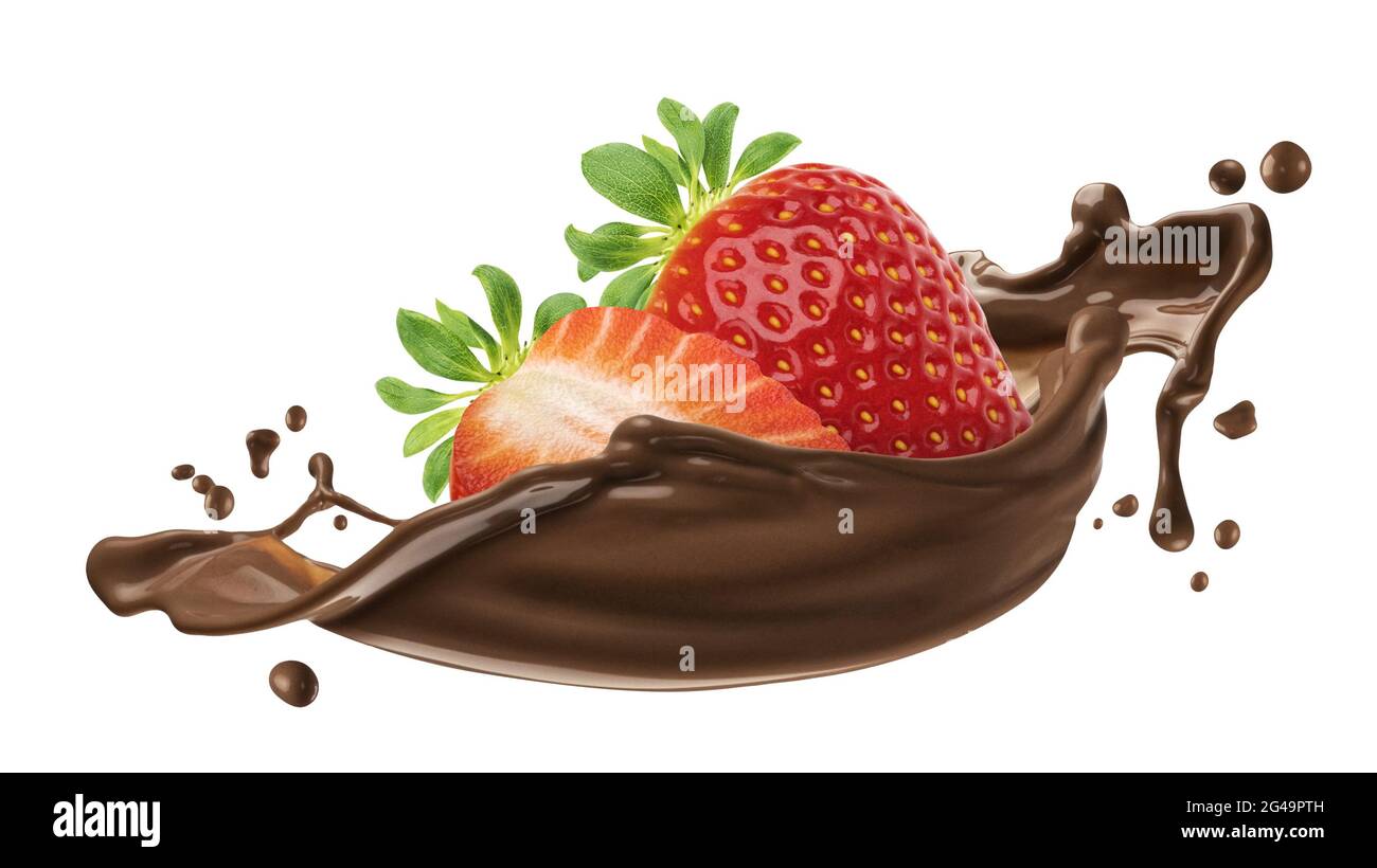 Strawberry and chocolate splash isolated on white background Stock Photo