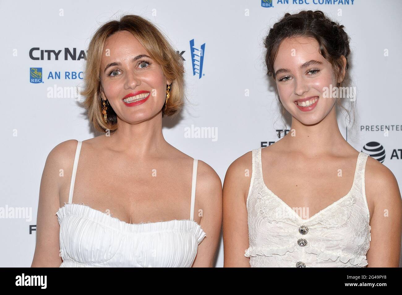 New York, USA. 19th June, 2021. (L-R) French actor Judith Godreche and  daughter Tess Barthélemy attend the red carpet for the "Untitled: Dave  Chappelle Documentary" Premiere at Radio City Music Hall during