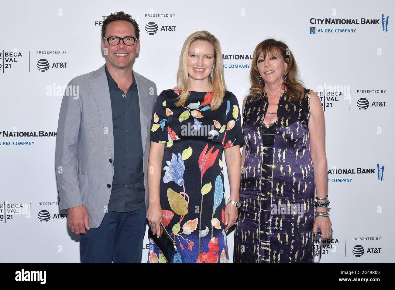 New York, USA. 19th June, 2021. (L-R) James Murdoch, Kathryn Hufschmid and co-founder, CEO, and executive chair of Tribeca Enterprises, Jane Rosenthal attend the red carpet for the 'Untitled: Dave Chappelle Documentary' Premiere at Radio City Music Hall during the 2021 Tribeca Festival In New York, NY, June 19, 2021. (Photo by Anthony Behar/Sipa USA) Credit: Sipa USA/Alamy Live News Stock Photo