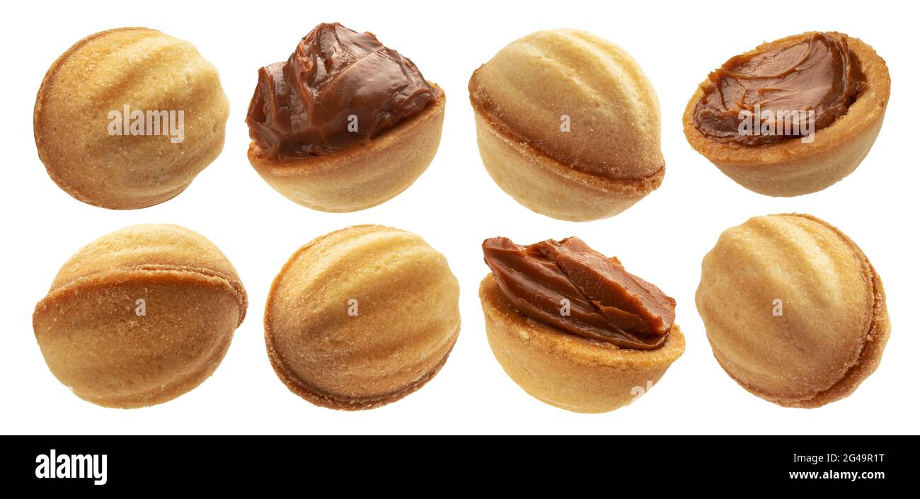 Nuts cookies with boiled condensed milk cream isolated on white