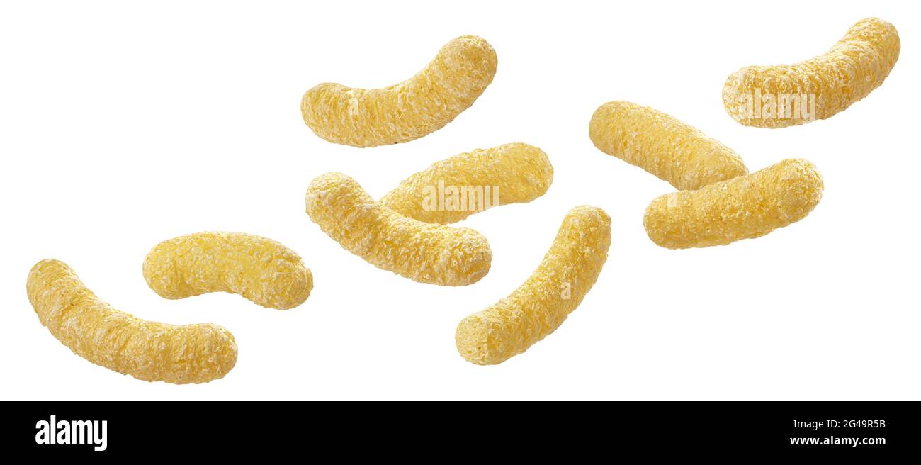 Falling sweet corn sticks isolated on white background Stock Photo