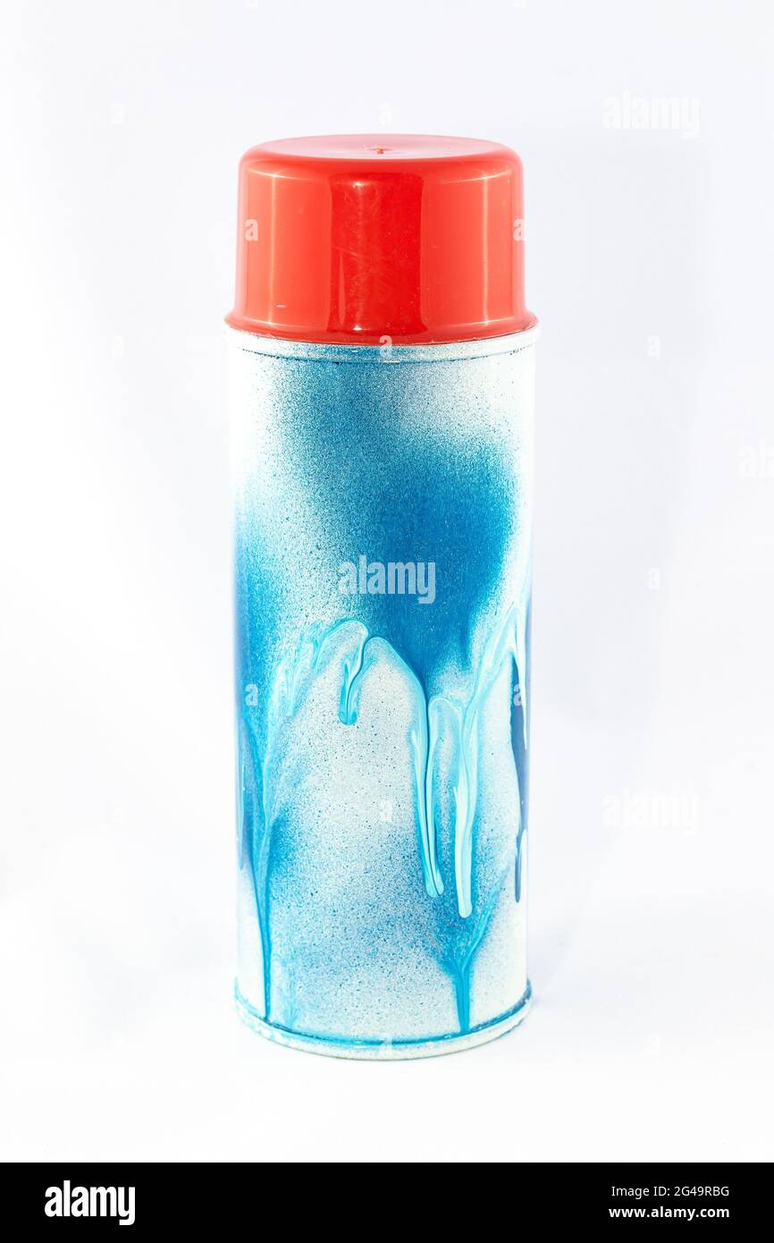 Blue Spray Paint Can on White Background - Close-Up Shot Stock Photo