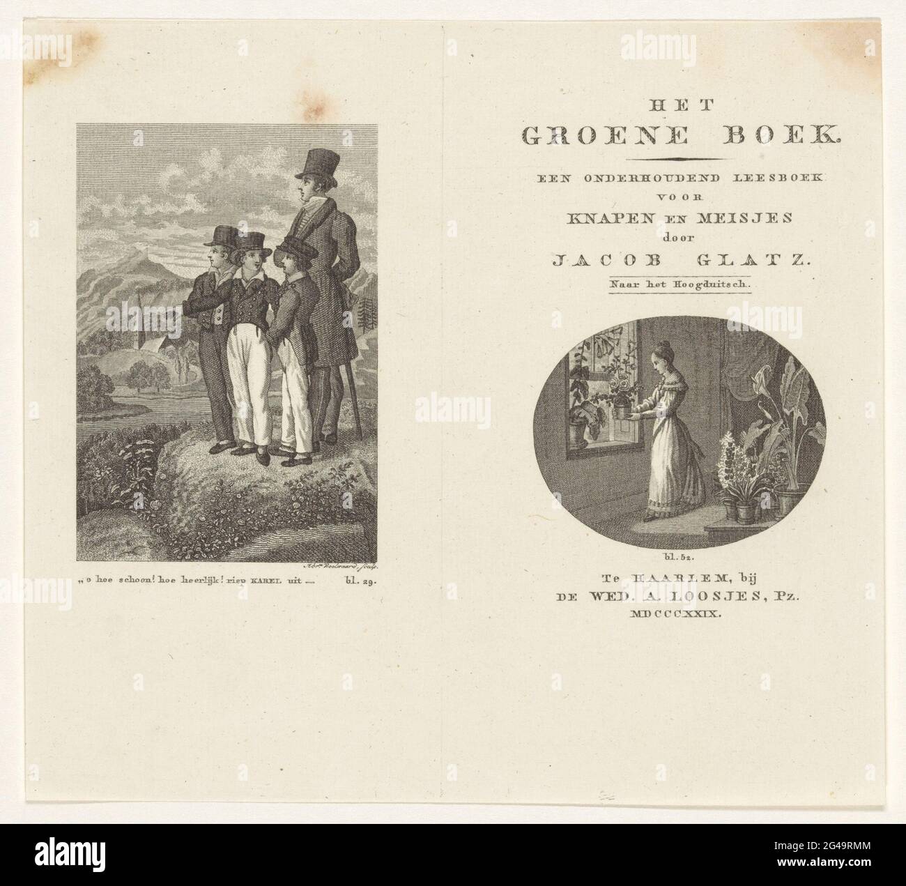 Man and boys on hill and woman in a room with plants; Title page for: Jakob Glatz, the green book, an entertaining reading book for Knapen and girls, 1829. On the left an image of a man and three boys with a top hat, standing on a hill. They overlook a church in the background. On the right an image of a young woman in a room full of flowers and plants. Stock Photo