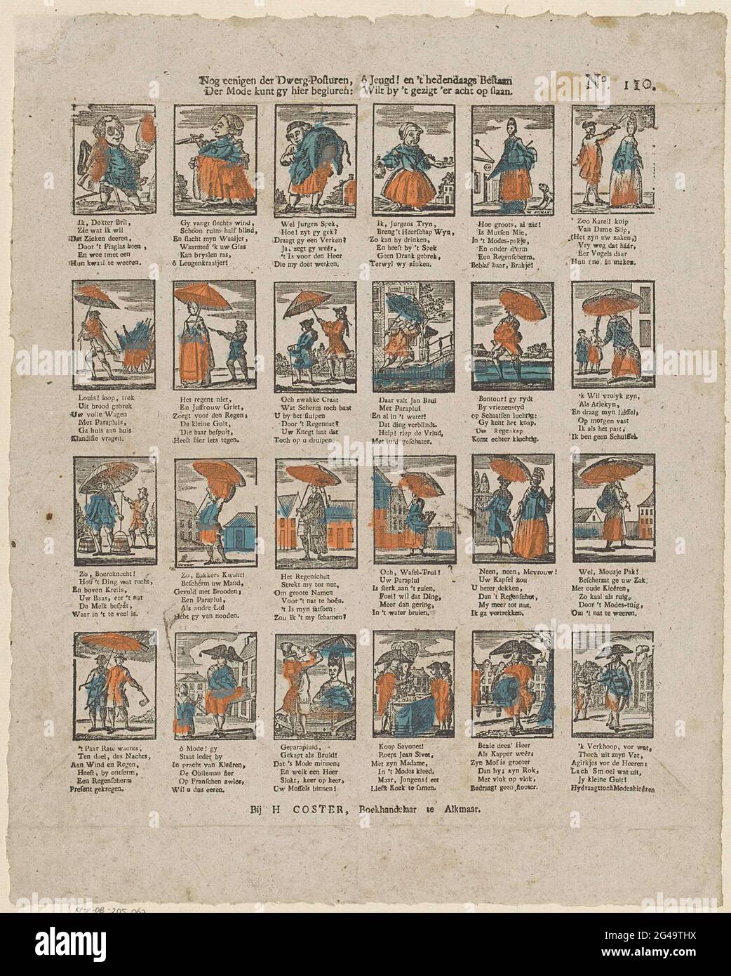 Still a dwarf postures, ô Youth! And the contemporary existence / of fashion allows you to start here: please beat it. Cartoon on fashion with 24 performances of men, women and carikatural figures with parasols. Under each image a six-perished verse. Numbered at the top right: No. 110. Stock Photo