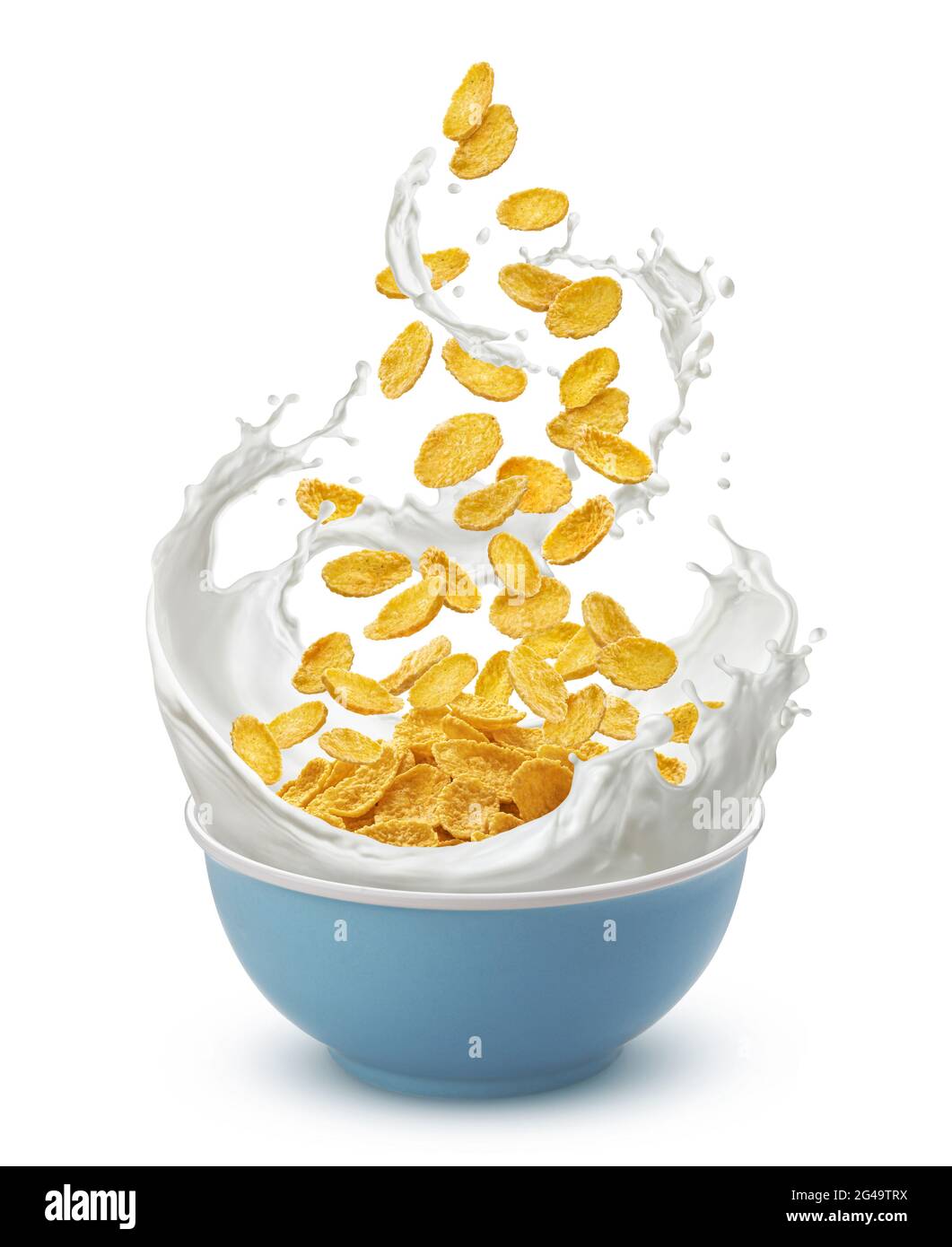 Corn flakes with milk splash isolated on white background Stock Photo