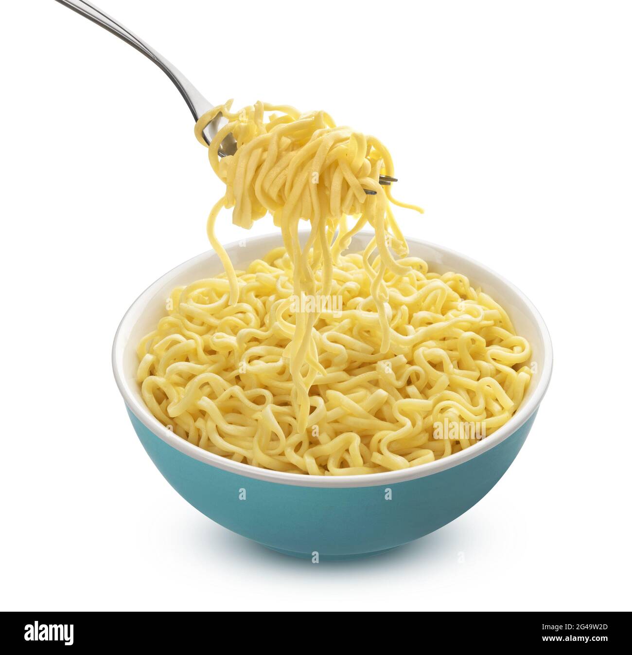 Instant noodles in blue bowl with fork isolated on white background