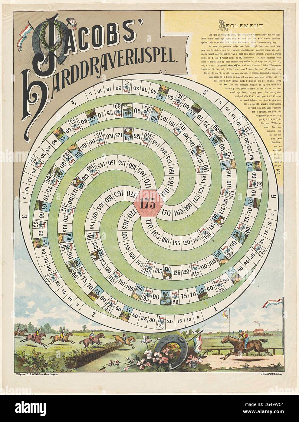 Jacob's Hard Drawing game. Board game. Circle with six courses, with  numbered compartments from 1 to 175, which are released at one center. At  the top right the rules in letterpress, top