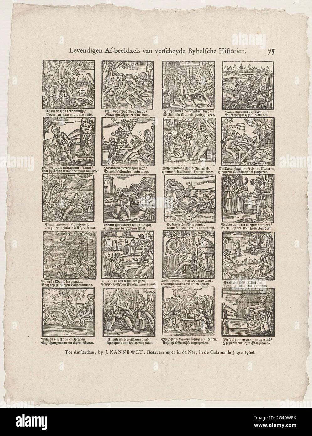 Lifive Afscels from Gifted Bybelsche Historien. Sheet with 20 representations of stories from the Old Testament, including Adam and Eve that are expelled from paradise and Jonah thrown in dryness. Under each image a two-legged fresh. Numbered at the top right: 75. Stock Photo