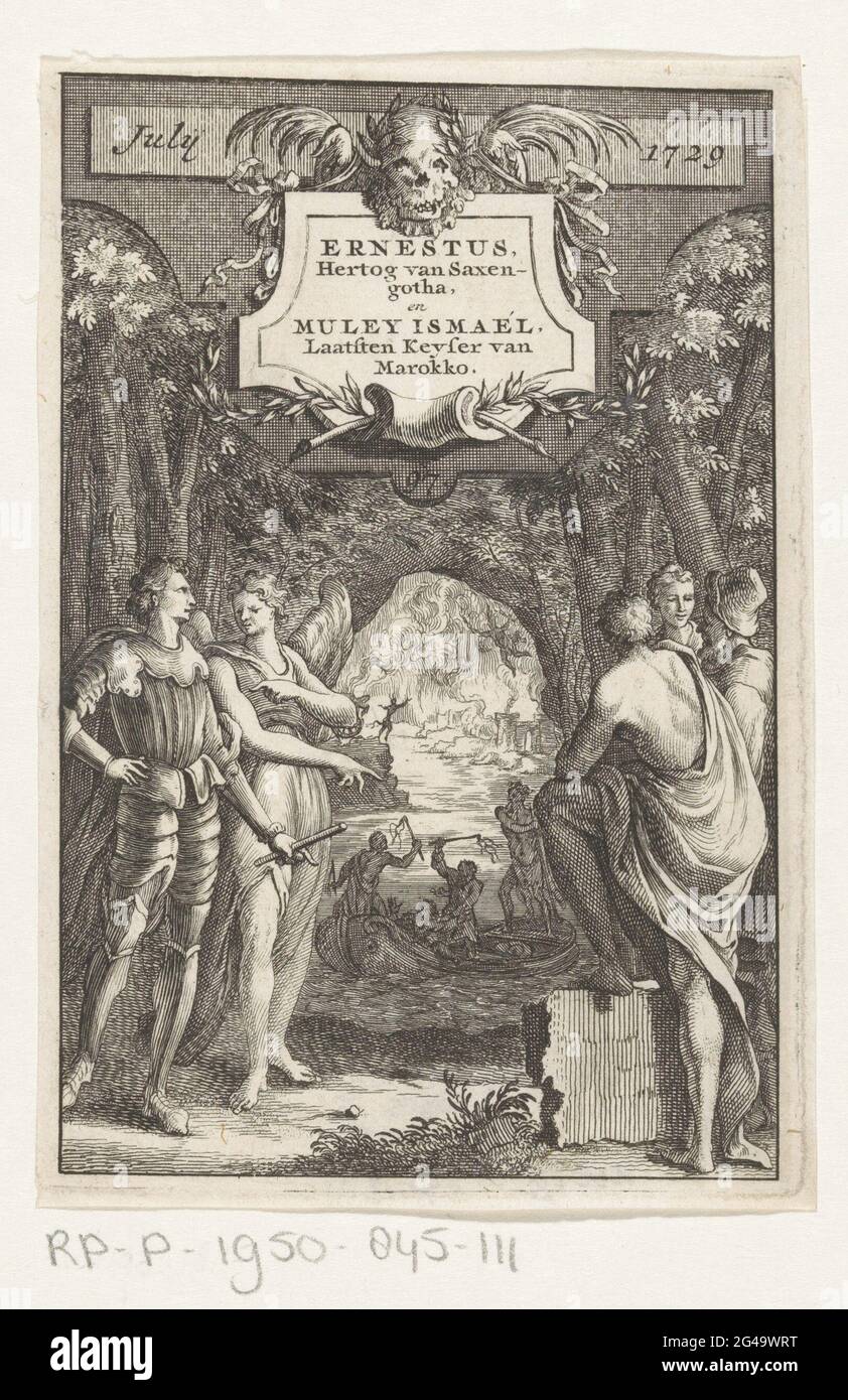 Conversation between Ernst I de Vrome and Ismail of Morocco; Ernestus, Duke of Saxen-Gotha, and Muley Isma, last keyser of Morocco. Ernst I de Vrome, accompanied by an angel, is opposite Ismail, Sultan of Morocco, flanked by two figures. In the background the Sultan is in the boat of the ferryman Charon and is beaten by two of his former slaves. At the top listed: July / 1729. Stock Photo