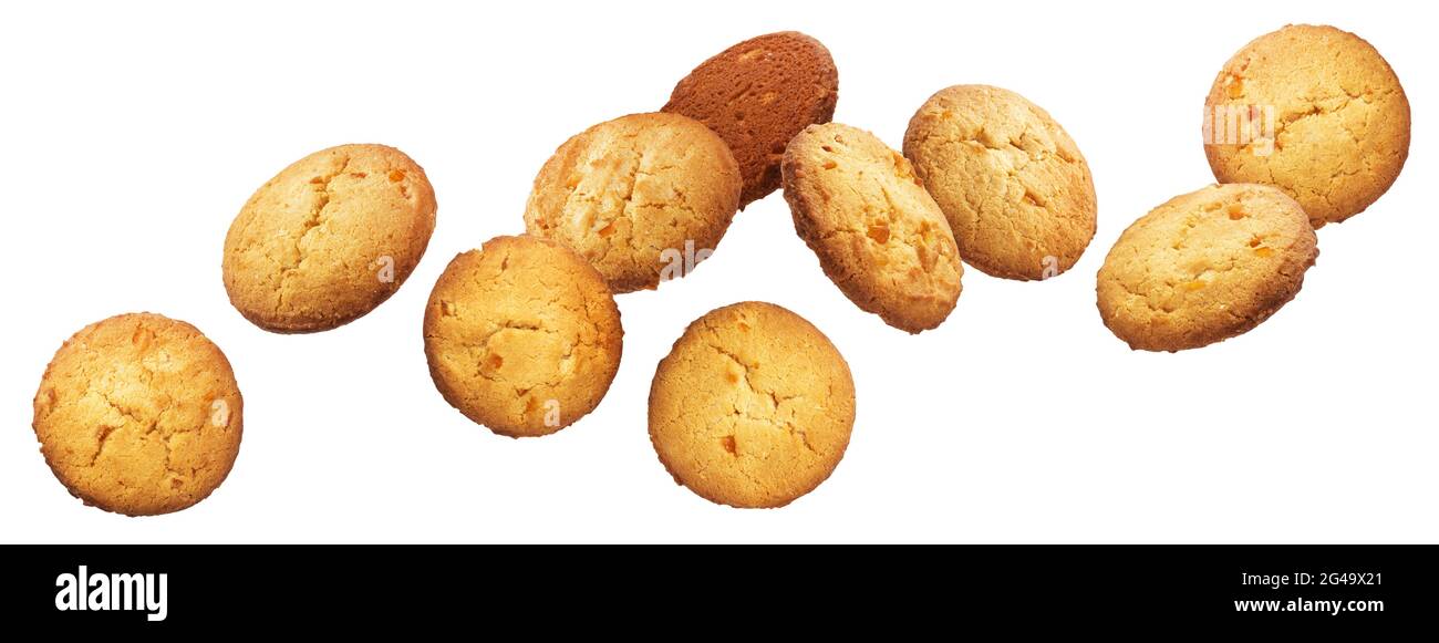 Chip cookies falling over white background Stock Photo