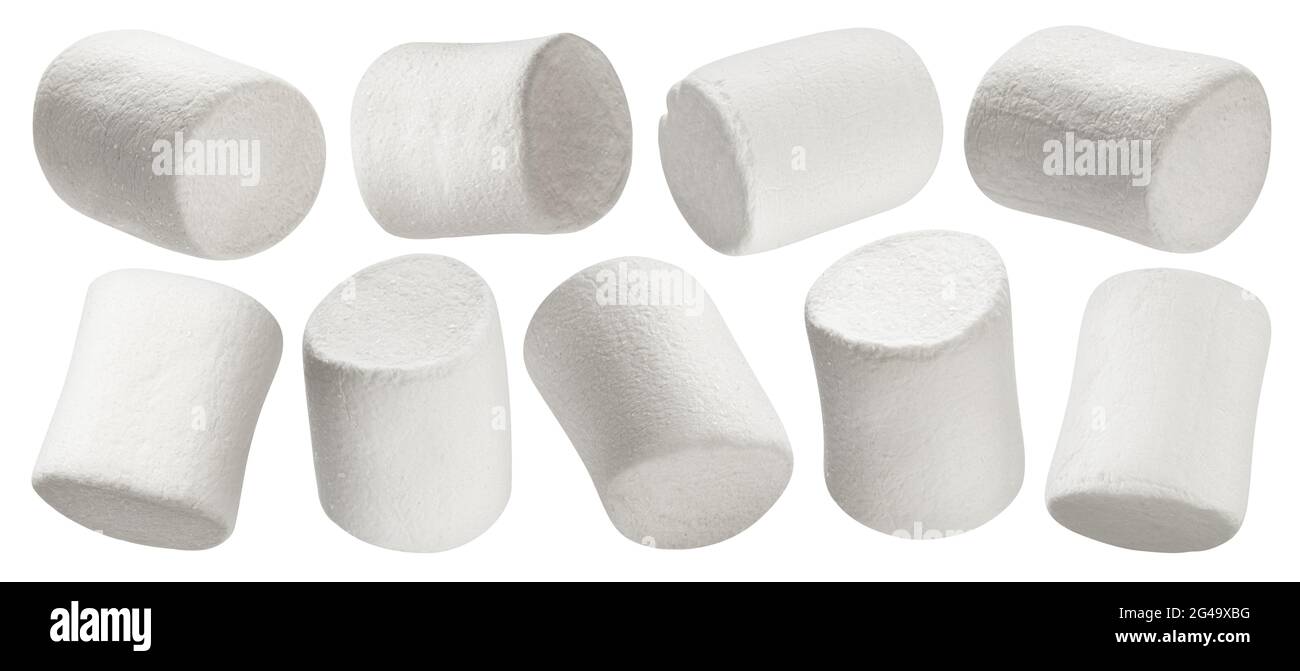Flying marshmallows isolated on white background Stock Photo - Alamy
