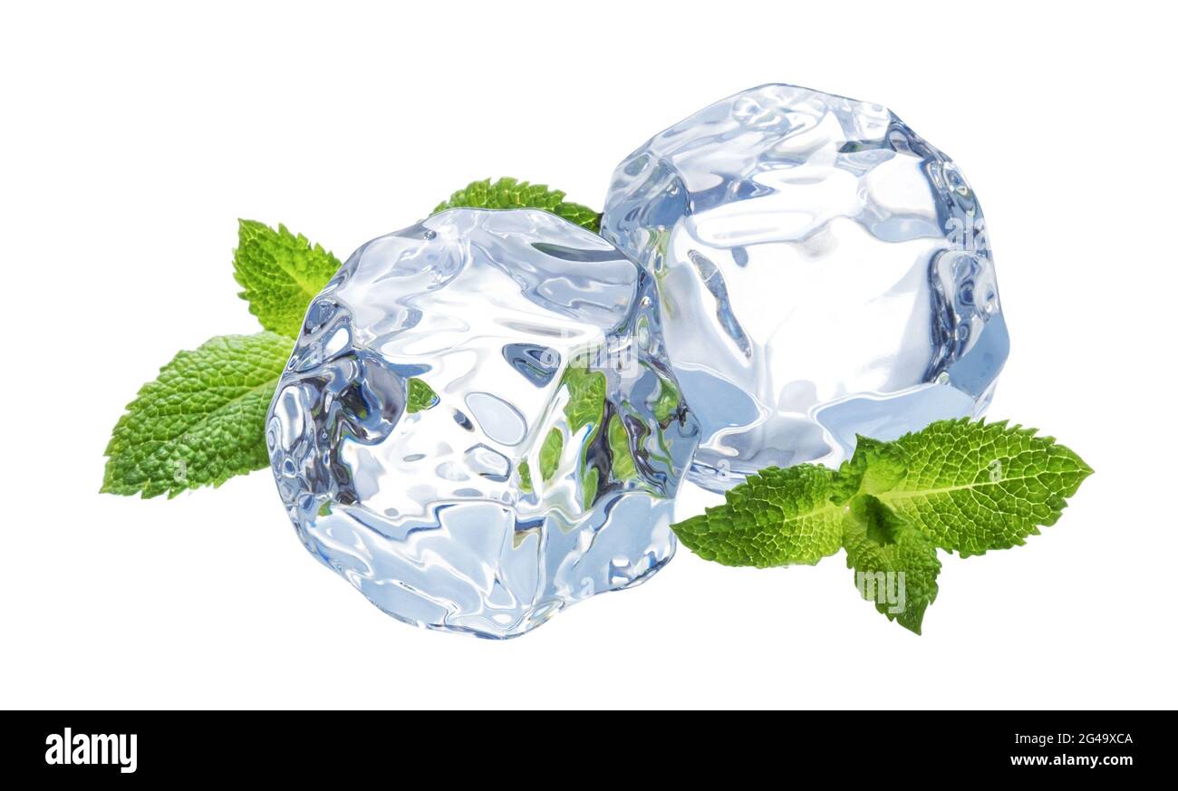 Ice cubes with mint leaves isolated on white background Stock Photo