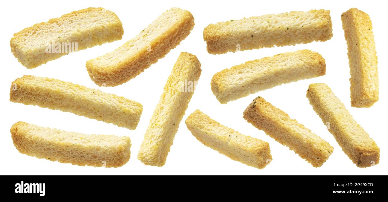 White bread croutons, salted bread sticks isolated on white background Stock Photo